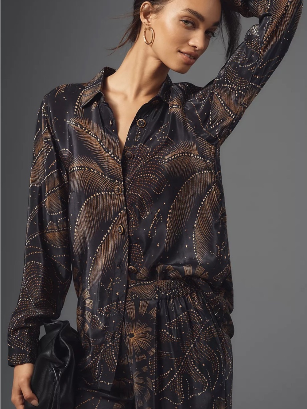 Farm Rio Golden Foliage Top Button Down Chiffon Black Gold Ethereal Star Collar